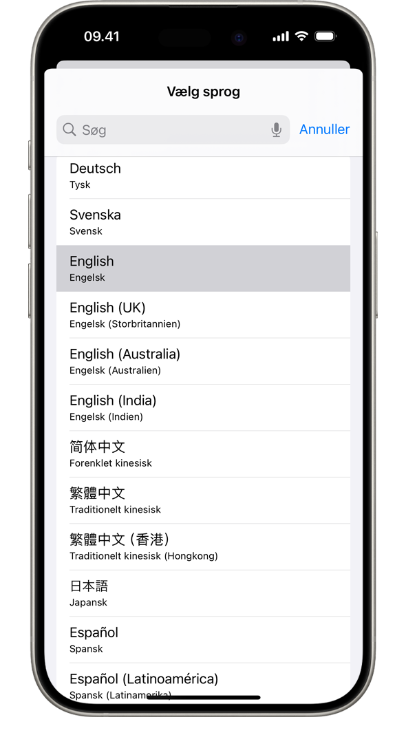 En iPhone, der viser listen over tilgængelige systemsprog med fransk fremhævet.