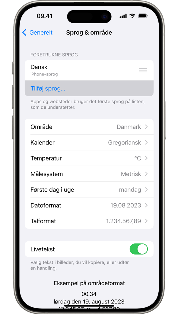 En iPhone, der viser menuen Sprog & område med Tilføj sprog fremhævet.