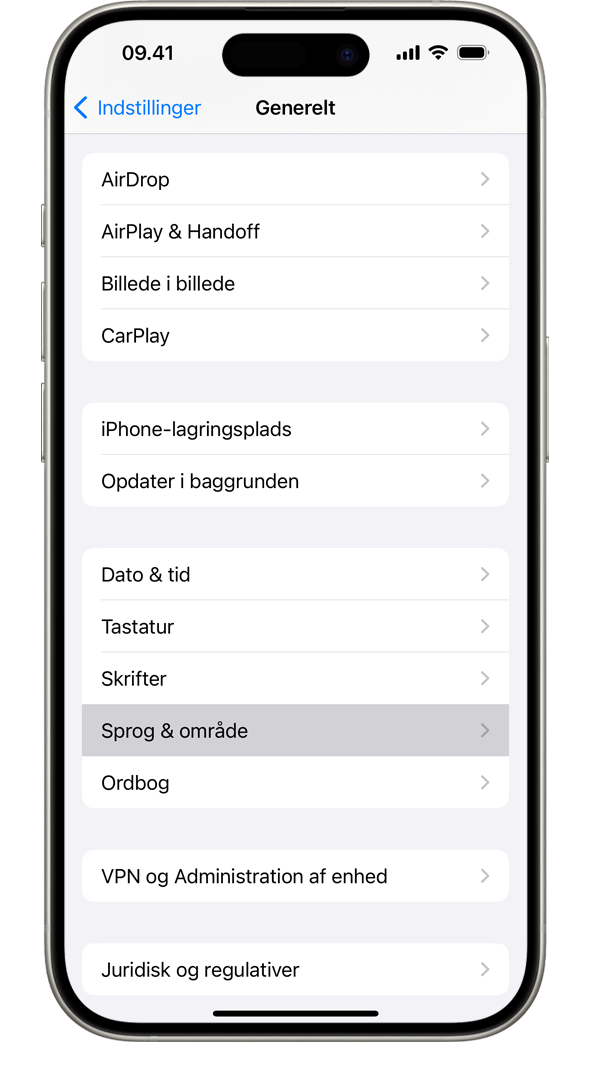 En iPhone, der viser menuen Generelle indstillinger med indstillingen Sprog & område fremhævet.