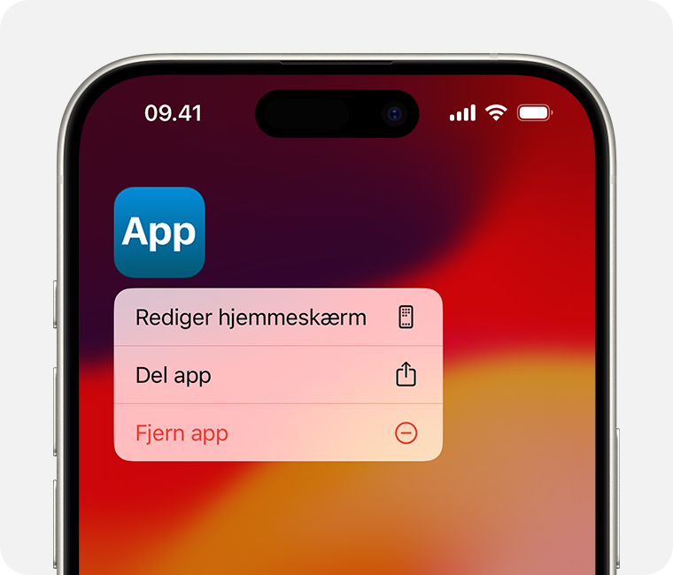 En iPhone-skærm, der viser den menu, som vises, når du trykker og holder nede på en app. Fjern app er den tredje valgmulighed i menuen.