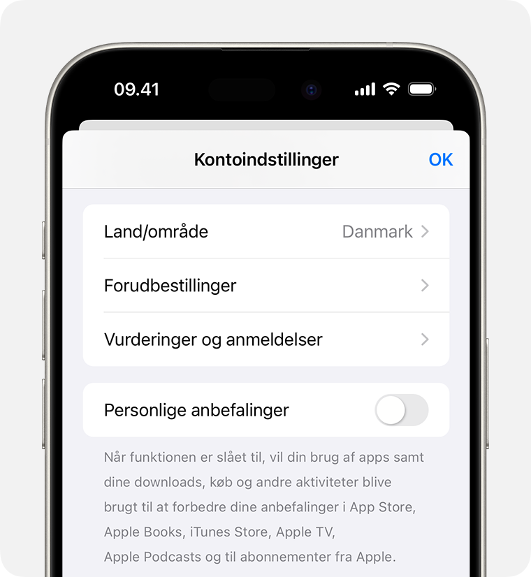 iPhone med visning af forudbestillinger i kontoindstillingerne