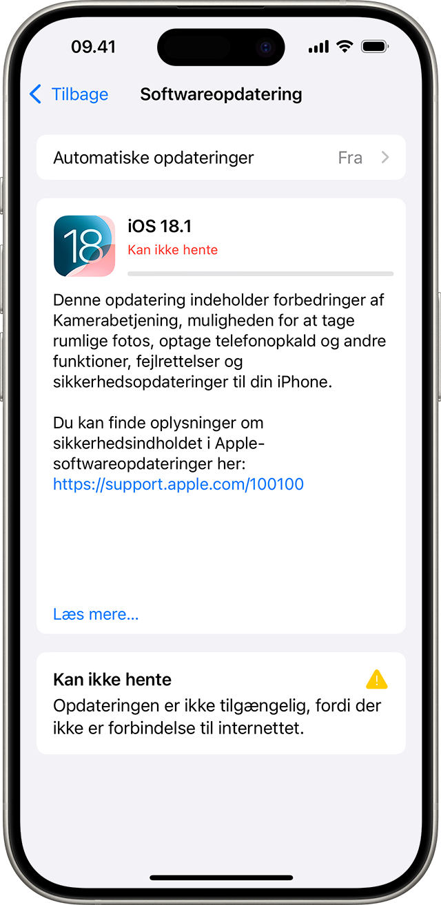 En iPhone, der viser meddelelsen Kan ikke downloade