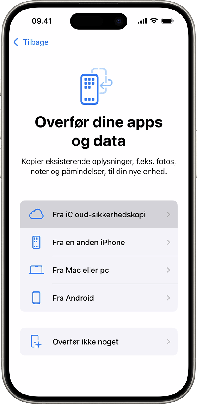 En iPhone med visning af skærmen Apps og data med "Gendan fra iCloud-sikkerhedskopi" valgt