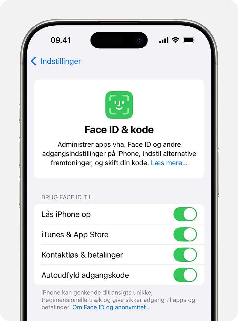 Siden med indstillinger til Face ID & adgangskode i iOS.