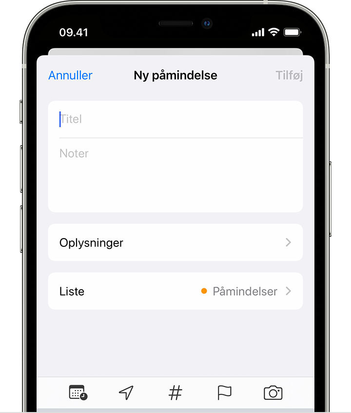 En iPhone, der viser skærmbilledet Ny påmindelse, hvor du kan tilføje en titel, noter og andre oplysninger for at oprette en påmindelse.
