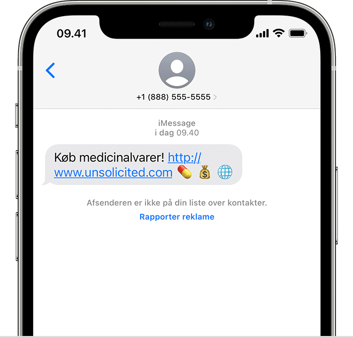iPhone, der viser muligheden for at rapportere en iMessage som reklame
