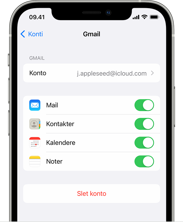 En iPhone, der viser indstillingerne for en tilsluttet G-mail-konto under Indstillinger > Mail > Konti > Gmail.