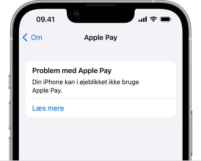 Fejlmeddelelse om problemer med Apple Pay på en iPhone, der informerer brugeren om, at iPhone ikke kan bruge Apple Pay.