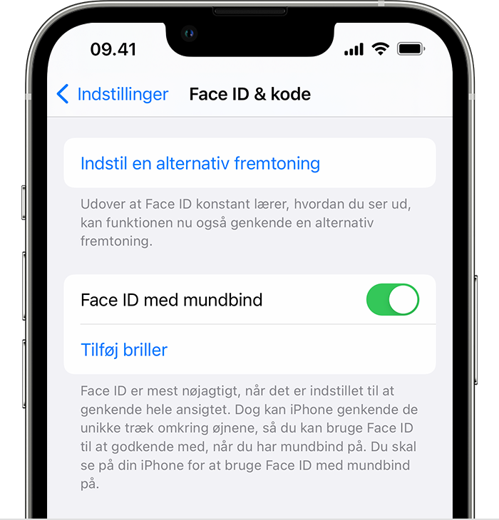 Hvis du bruger iPhone 12 eller en nyere model og iOS 15.4 eller en nyere version, vises indstillingen Face ID med mundbind under indstillingerne på siden Face ID & kode.