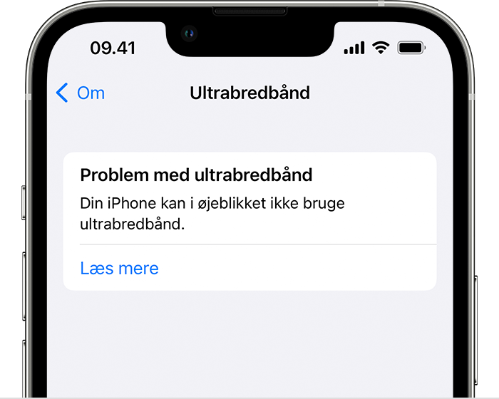 Fejlmeddelelse om problemer med Ultra Wideband på en iPhone, der informerer brugeren om, at iPhone ikke kan bruge Ultra Wideband.