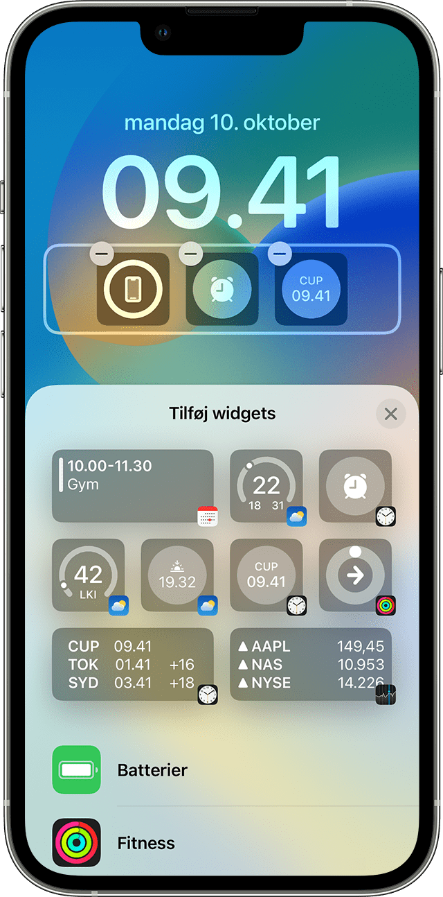 iPhone-skærm, der viser, hvordan du føjer widgets til låseskærmen
