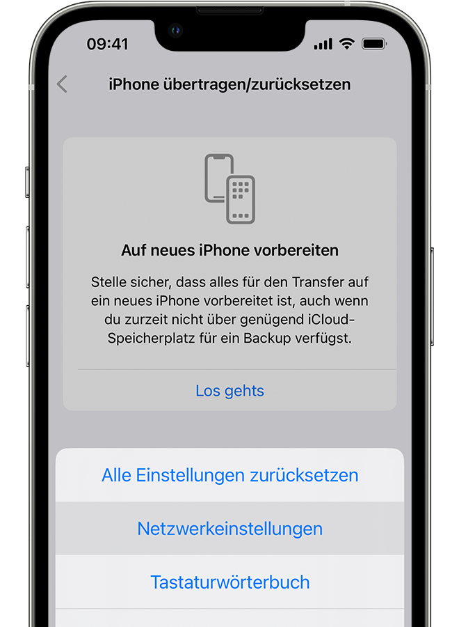 iPhone mit angezeigtem Bildschirm „iPhone übertragen/zurücksetzen“. 