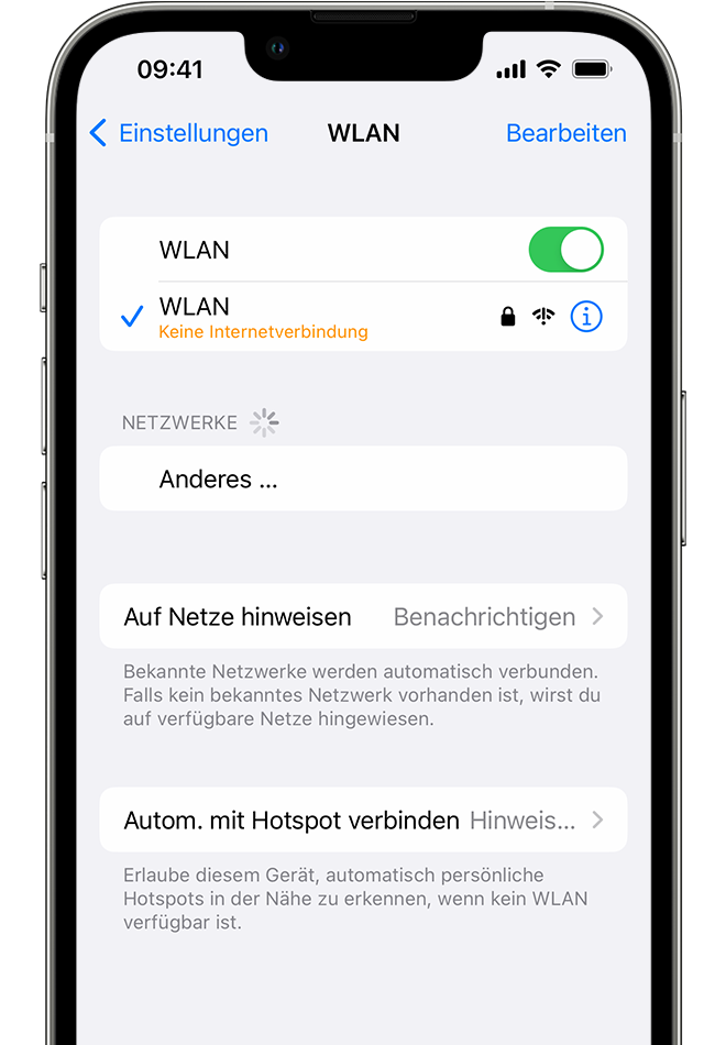 iPhone mit angezeigtem WLAN-Bildschirm. Unter dem Namen des WLAN-Netzwerks wird eine Warnmeldung angezeigt.