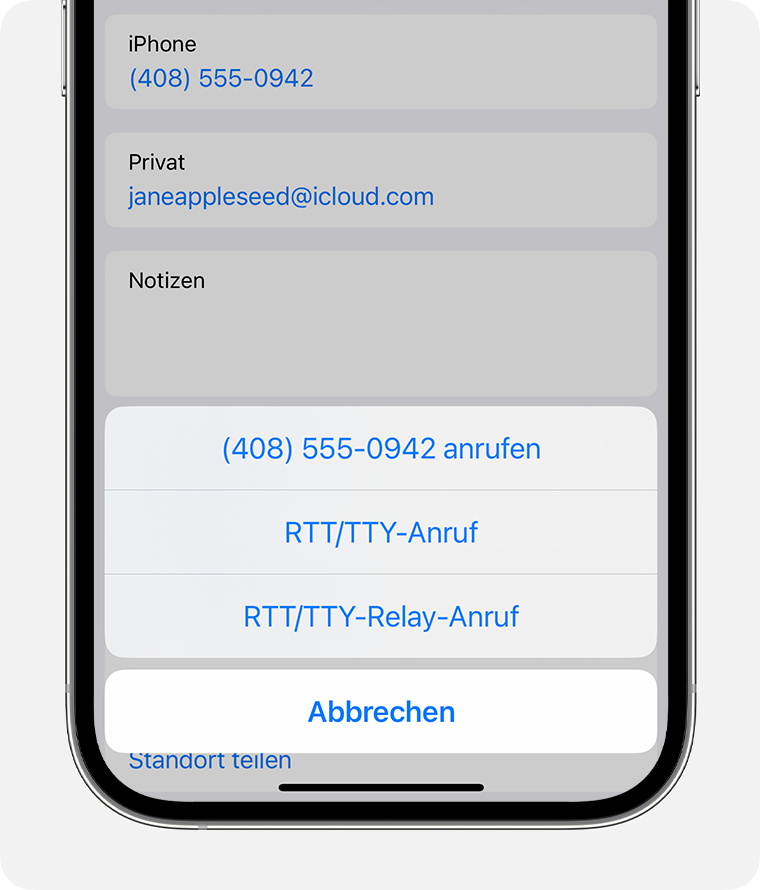 iPhone-Bildschirm mit dem Menü zur Auswahl von RTT/TTY-Anruf oder RTT/TTY-Relay-Anruf