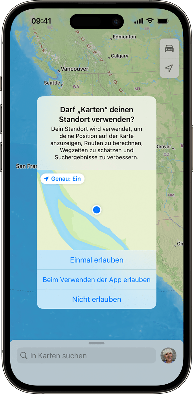 Eine App fordert Zugriff auf deinen Standort an, während du die App auf dem iPhone verwendest