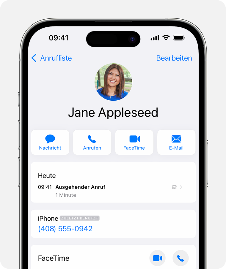 iPhone-Bildschirm mit dem Verlauf der Anrufe mit einem Kontakt