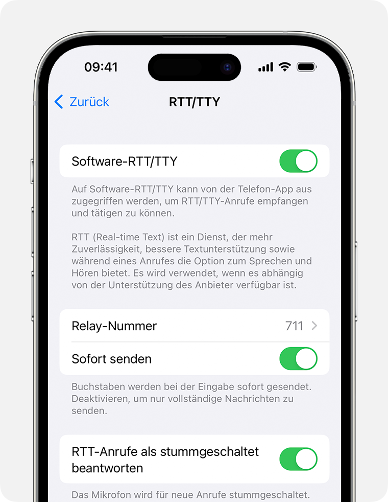 iPhone-Bildschirm mit aktiviertem RTT/TTY