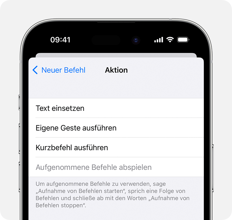 ein iPhone, das das Menü „Aktion“ für einen neuen Befehl anzeigt, in dem du eine Aktion auswählen kannst, die ausgeführt werden soll, wenn du den Befehl sprichst.
