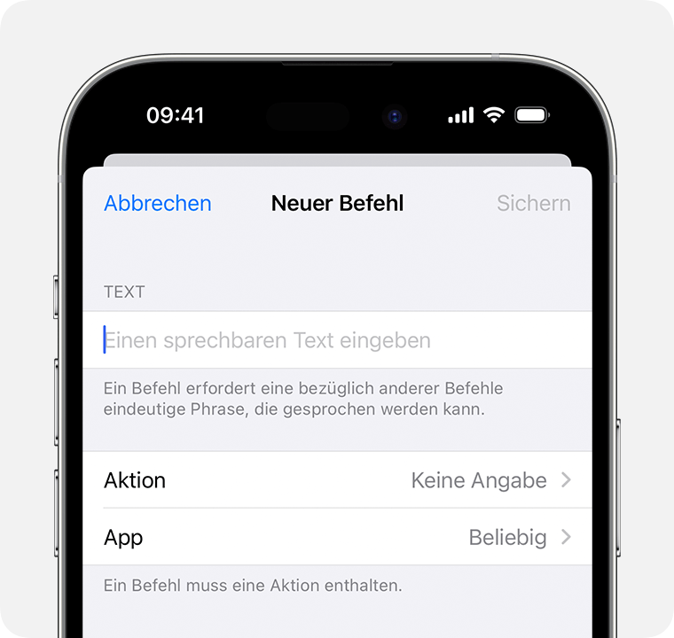 Ein iPhone mit den Einstellungen für „Neuer Befehl“, auf denen du einen benutzerdefinierten Ausdruck eingeben kannst.