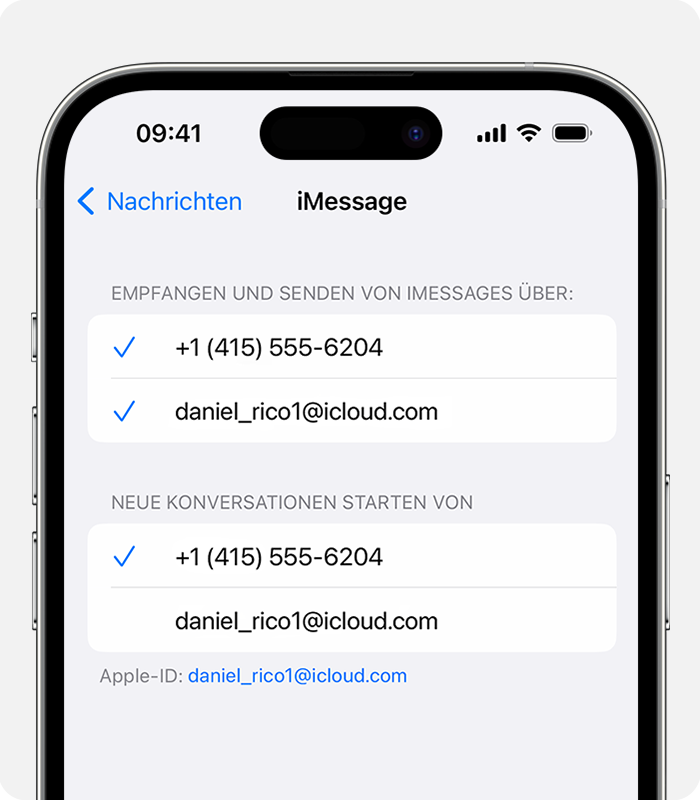 Unter „Einstellungen“ > „Nachrichten“ > „Senden & Empfangen“ kannst du wählen, ob du für neue Konversationen eine Telefonnummer oder eine E-Mail-Adresse verwenden möchtest.