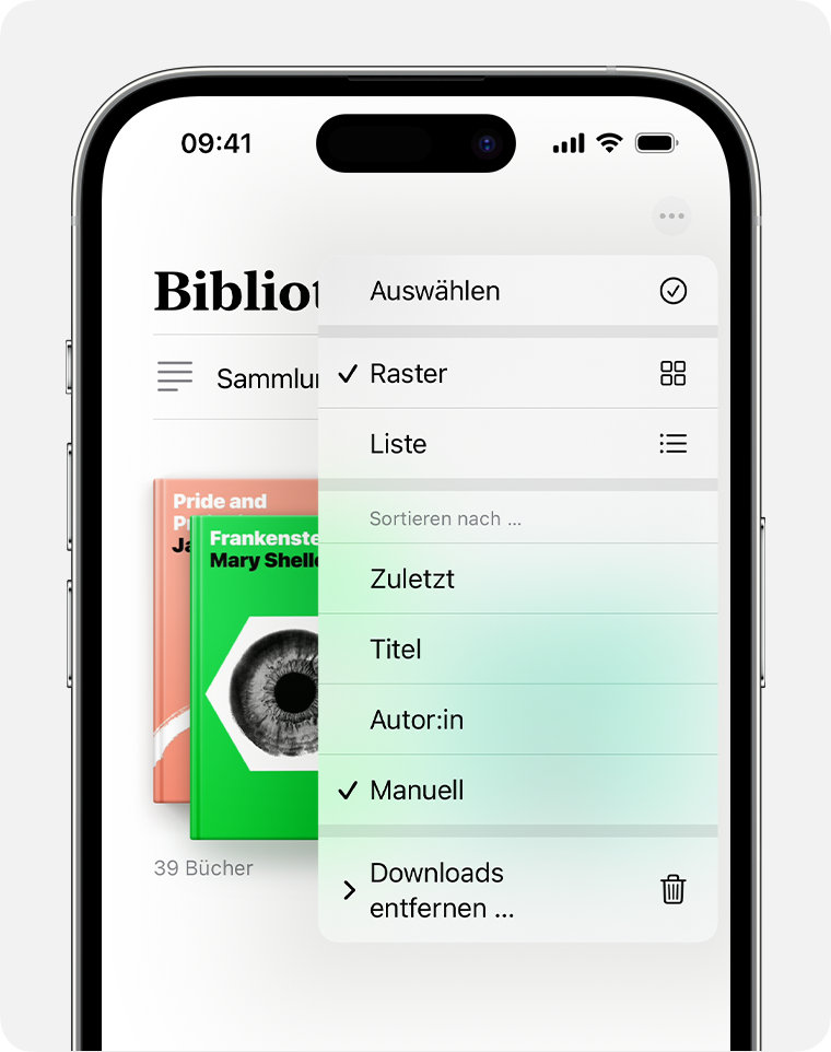 iPhone-Bildschirm mit den Optionen zum Organisieren der Bücher-App 