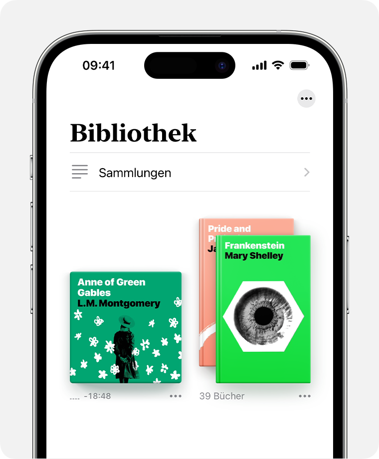 iPhone-Bildschirm mit dem Bereich „Mediathek“ der Bücher-App. 