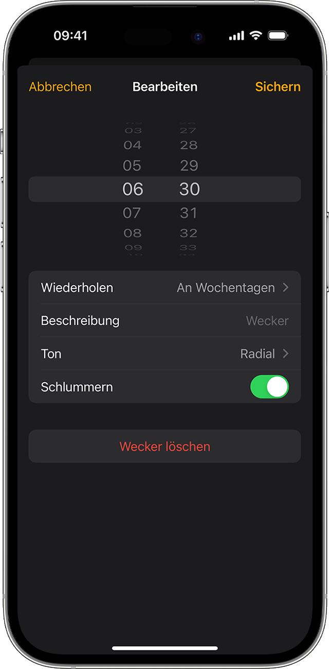 Einen Wecker in der Uhr-App auf dem iPhone bearbeiten.