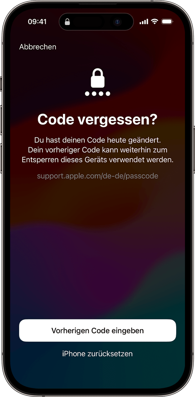 Wenn du deinen Code in iOS 17 und neuer änderst, kannst du vorübergehend deinen alten Code verwenden, um dein Gerät zu entsperren.