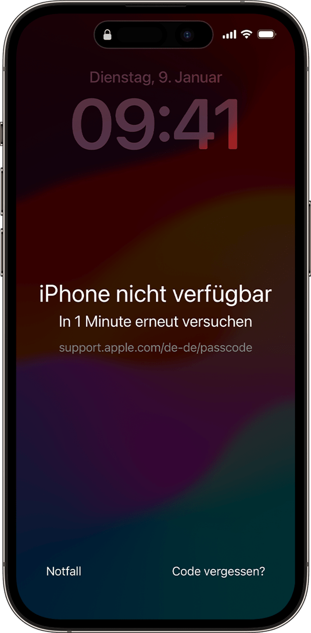 Der Bildschirm „iPhone nicht verfügbar“ in iOS 17 mit der Option „Code vergessen?“.