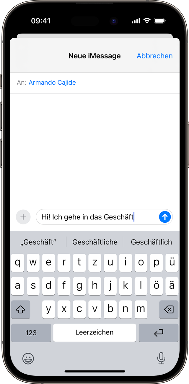 iPhone-Bildschirm mit Textvorschlägen bei der Eingabe in der App „Nachrichten“.