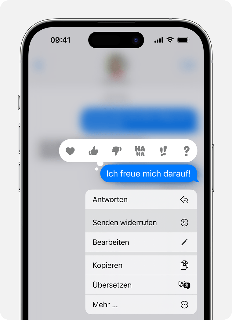 Tippe und halte eine Nachricht in iOS 16 oder neuer, um die Option „Senden widerrufen“ anzuzeigen.