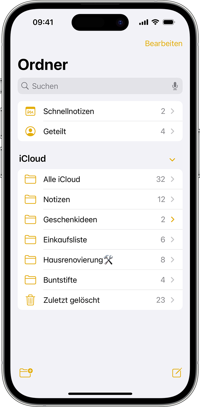 iPhone, das zeigt, wie ein Ordner in der Notizen-App erstellt wird.