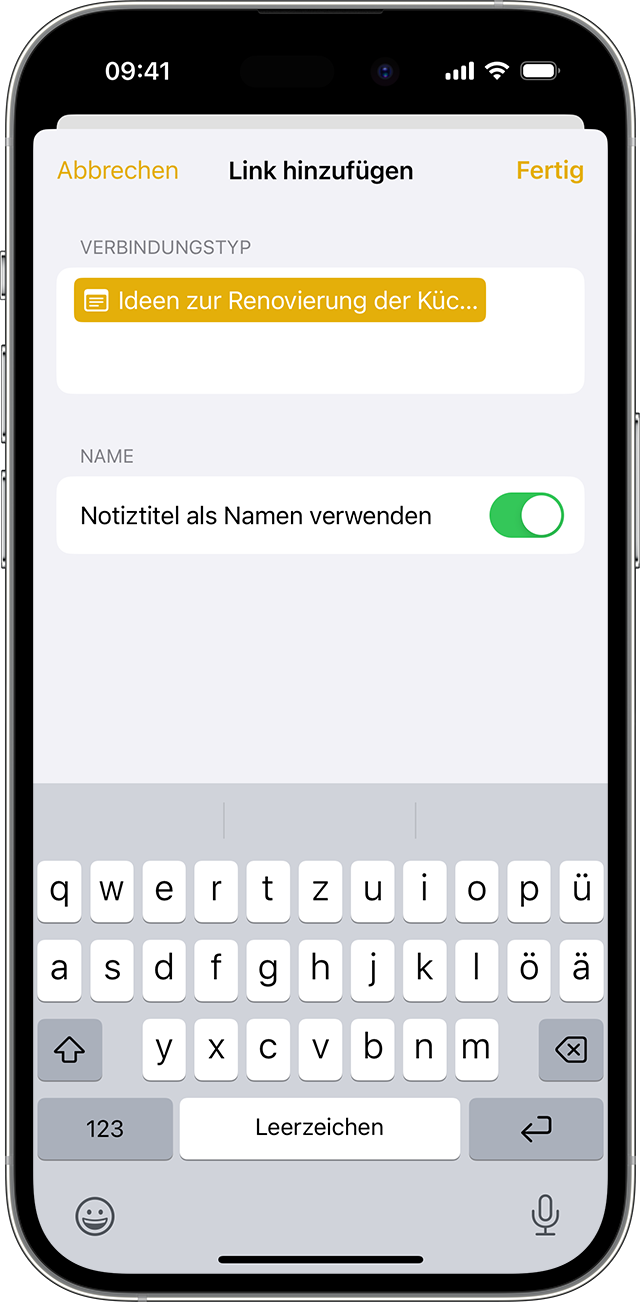 Die Optionen zum Hinzufügen eines Links in der Notizen-App auf deinem iPhone mit iOS 17 oder neuer.