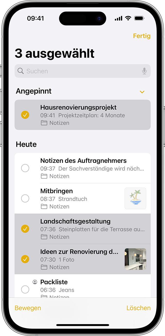 iPhone, das zeigt, wie eine Notiz in einen anderen Ordner in der Notizen-App verschoben wird.