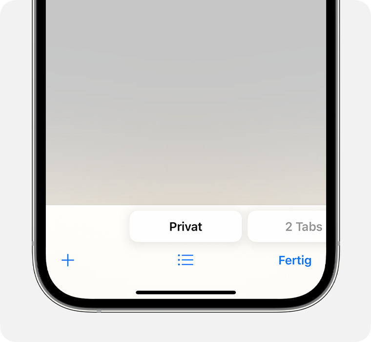 Ein iPhone, auf dem die App Safari mit ausgewählter privater Tabgruppe angezeigt wird.