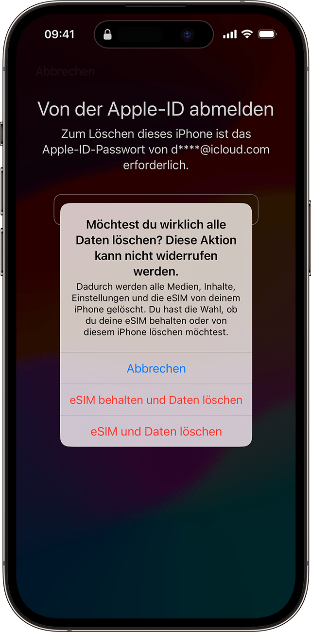 Wenn du deinen Code in iOS 17 und neuer zurücksetzt, kannst du wählen, ob du deine eSIM behalten oder löschen möchtest.