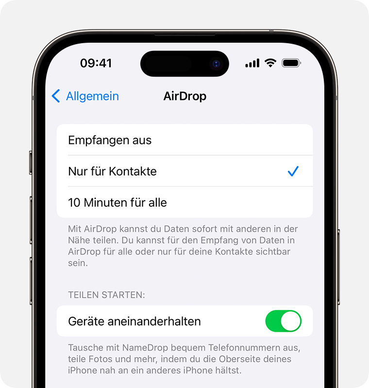 Ein iPhone mit AirDrop-Einstellungen und ausgewählter Option „Nur Kontakte“.