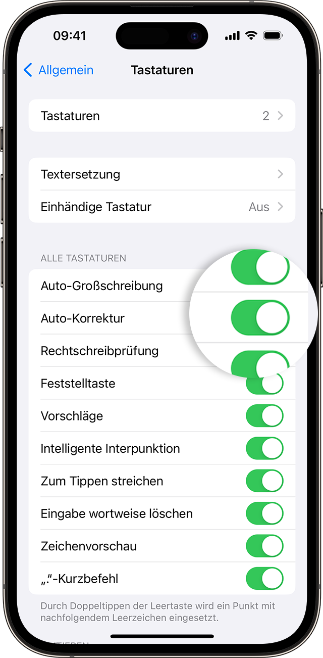 iPhone-Bildschirm, auf dem gezeigt wird, wie die Auto-Korrektur aktiviert wird