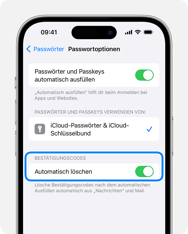 In iOS 17 und neuer können Nachrichten in „Nachrichten“ automatisch gelöscht werden, die Codes zur Passwortüberprüfung enthalten, nachdem du diesen Code verwendet hast. 