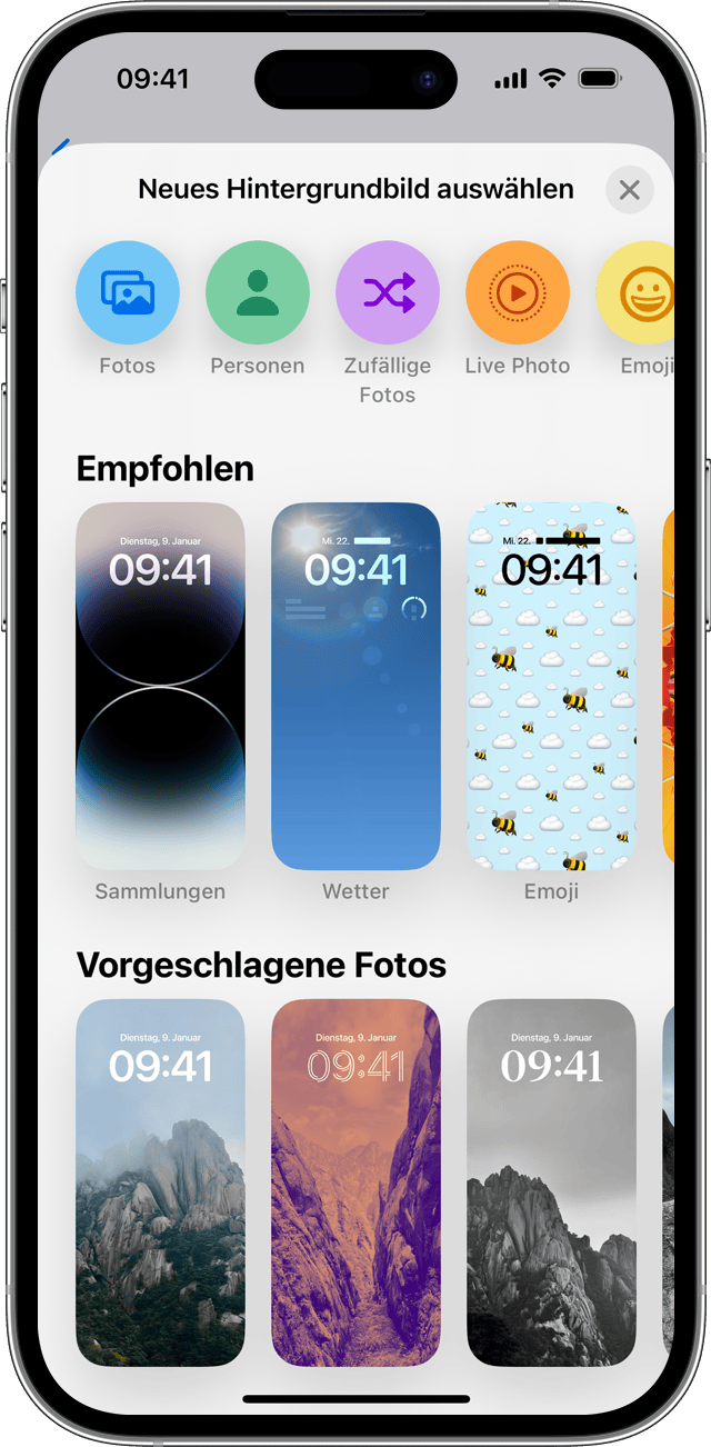 Die Optionen zum Hinzufügen eines neuen Hintergrunds in iOS 16.
