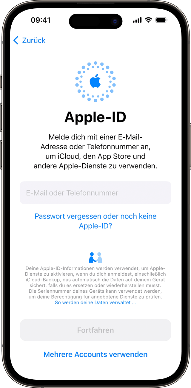 Verwende deine E-Mail-Adresse oder Telefonnummer, um dich während des iPhone-Einrichtungsprozesses in iOS 17 mit deiner Apple-ID anzumelden.