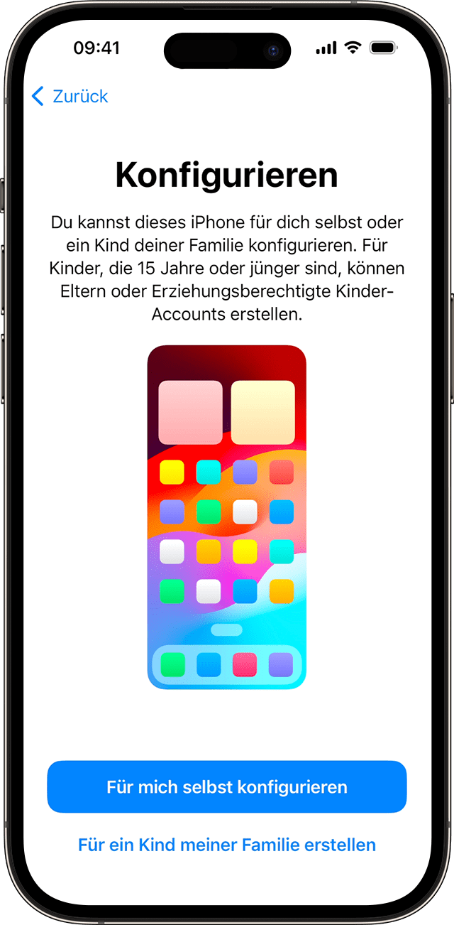 Während der Einrichtung des iPhone unter iOS 17 kannst du wählen, ob das neue Telefon für dich oder für ein Kind in deiner Familie bestimmt ist.