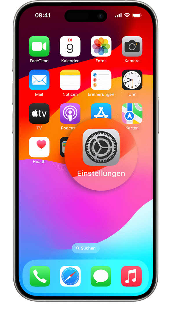 Ein iPhone, auf dessen Home-Bildschirm das vergrößerte Symbol der Einstellungen-App angezeigt wird.