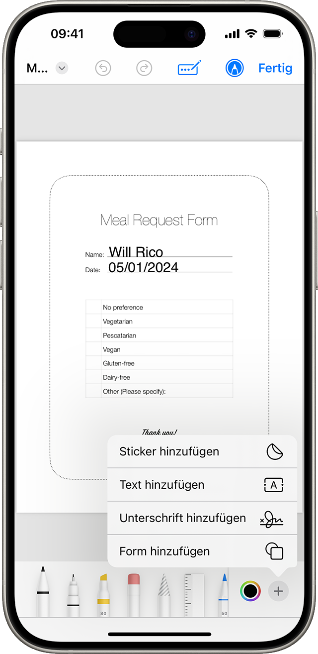 In iOS 17 kannst du mithilfe von Markierungen Text, Formen oder sogar eine Signatur zu Dokumenten und Bildern hinzufügen.