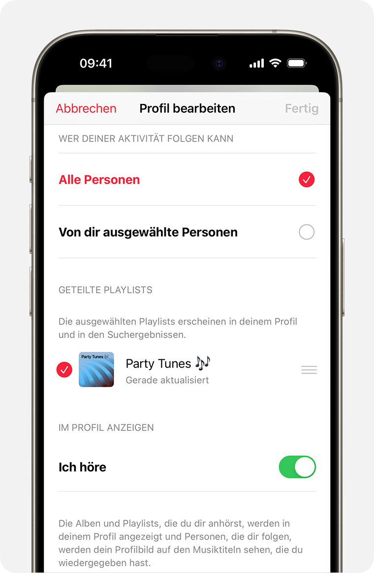 Auf dem iPhone wird im Bildschirm „Profil bearbeiten“ der Apple Music-App eine Playlist angezeigt, die zur Anzeige in einem Profil ausgewählt wurde