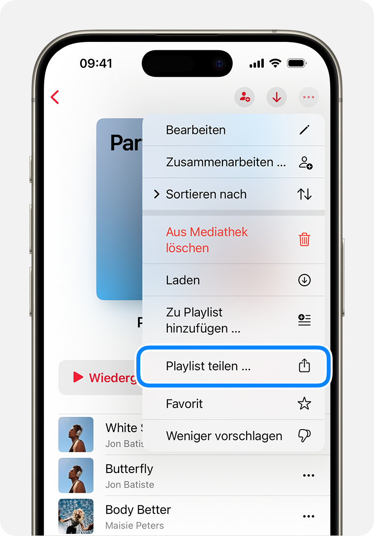 Auf dem iPhone wird „Playlist teilen“ in dem Menü angezeigt, das nach Tippen auf die Mehr-Taste erscheint