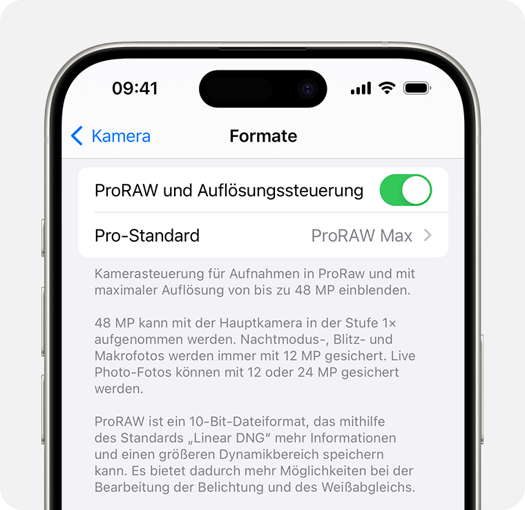 In iOS 17 kannst du deine ProRAW-Auflösung auf 12 MP oder 48 MP einstellen.