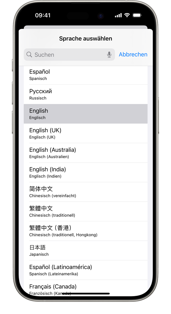 Ein iPhone, auf dessen Liste der verfügbaren Systemsprachen Französisch hervorgehoben ist.