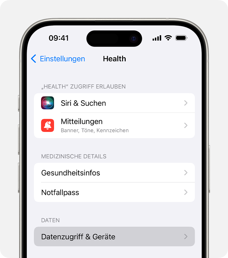 In den Health-Einstellungen auf dem iPhone kannst du Einstellungen wie den Siri-Zugriff auf deine Health-Daten anpassen.