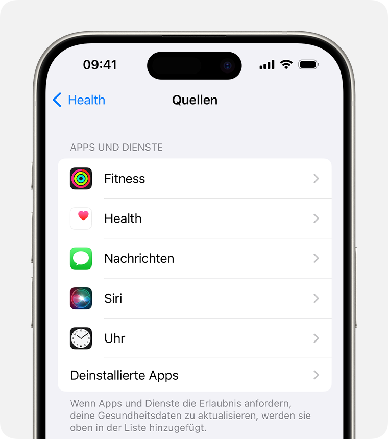 Tippe in den Health-Einstellungen auf dem iPhone auf „Siri“, um den Siri-Zugriff auf die Daten in der Health-App ein- oder auszuschalten.